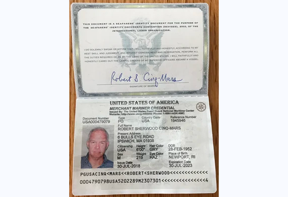 Official maritime identification card displayed