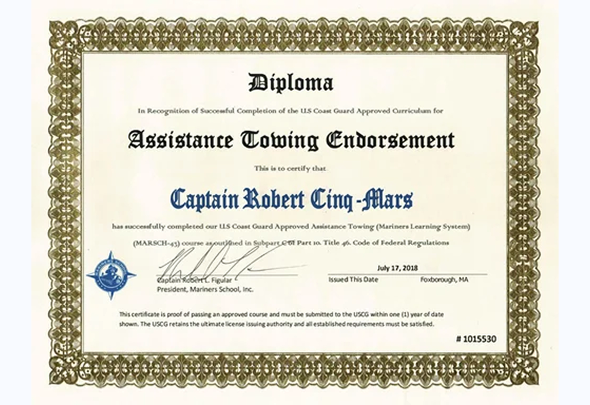 Official certificate for towing endorsement