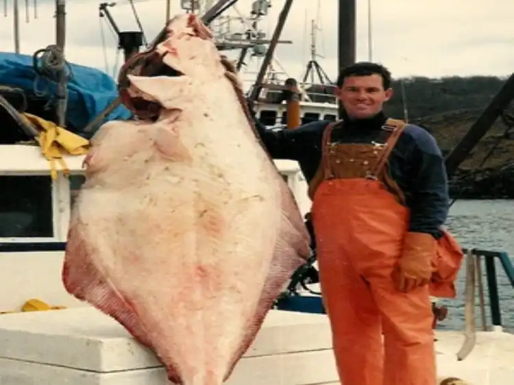 A man in orange overalls standing beside a giant caught fish on a boat.