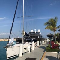 A docked yacht next to a sailboat with palm trees on a sunny day.